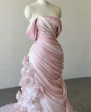 Pink Gorgeous Exquisite Floral Long Pleated Tulle Floor-Length Train Ball Gown Evening Gown Wedding Dress HZ1023