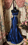 Blue Vintage Elegant Satin Spaghetti Strap Long Ball Gown Evening Dress HZ1023