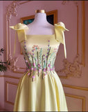 Yellow gorgeous exquisite wide straps floral long floor length train satin formal custom ball gown evening dress HZ1023
