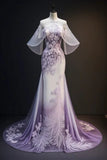 Purple Gorgeous Retro Fashion Elegant Floral Appliqu¨¦ A-Line Long Tulle Floor-length Tail Evening Gown Prom Dress HZ1023