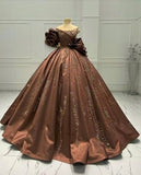Brown Gorgeous Exquisite Beaded Elegant Long satin Ball Gown Evening Dress HZ1023
