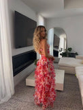 Hot Red Floral Print A-Line Backless Ruffle Long Chiffon Elegant Sexy Ball Gown Evening Dress Party Dress HZ1023