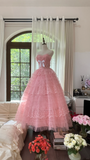 Pink sweet fashion elegant exquisite lace bow long tulle lace princess ball gown evening dress birthday dress adult ceremony dress HZ1023