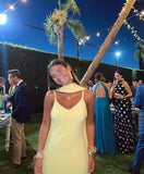 Yellow elegant fashion spaghetti strap long chiffon ruffled ball gown evening dress party dress HZ1023