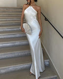 White fashion unique metal chain suspenders off the shoulder long satin slim fit ball gown evening dress HZ1023