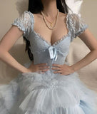 Pink/Green/Blue Delicate Lace Sweet Elegant Cute Long Layered Tulle Chiffon Ball Gown Evening Dress Garden Party Dress Prom Dress HZ1023