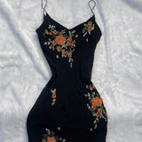 Black shiny elegant spaghetti straps orange floral beading slim fit long mermaid chiffon ball gown evening dress HZ1023