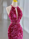 Pink Gorgeous Shiny Exquisite Beaded Halter Long Mermaid Slim Sequin Floor Length Ball Gown Evening Gown Party Dress HZ1023