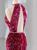 Pink Gorgeous Shiny Exquisite Beaded Halter Long Mermaid Slim Sequin Floor Length Ball Gown Evening Gown Party Dress HZ1023