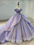 Light purple spaghetti strap applique beaded long tulle ball gown evening gown adult ceremony gown graduation ceremony gown HZ1023