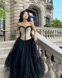 Black Floral Corset Stylish Elegant Long Tulle Ball Gown Evening Gown Garden Party Gown Graduation Gown Prom Gown Wedding Guest Party Dress HZ1023