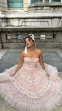 Pink Sweet Cute Floral Lace Long Tulle Prom Dress Evening Dress Party Dress Homecoming Dress HZ1023