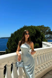 Blue/SilverStrapless Lace Off-shoulder Fashion Long Satin Ball Gown Evening Dress Party Dress HZ1023