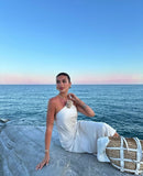 White slim strap mermaid long satin evening gown ball gown prom dress HZ1023