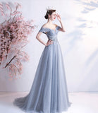 Gray tulle long A line prom dress gray evening dress HZ1023