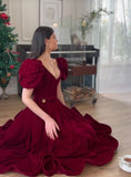 Burgundy Velvet V Neck Short Puff Sleeve Beaded A-Line Long Floor Length Ball Gown Evening Dress Christmas Party Dress HZ1023