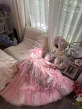 Pink sweet fashion elegant exquisite lace floral long tulle lace princess ball gown evening dress birthday dress adult ceremony dress HZ1023