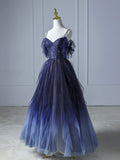 Blue beautiful gradient shiny beads spaghetti strap tulle long ball gown evening dress HZ1023
