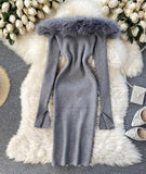 Black/white/gray autumn and winter fashion new sexy off-shoulder fashion fur collar slim hip knitted dress HZ1023