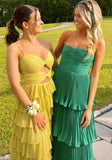 Yellow stylish elegant spaghetti straps long satin tiered ball gown formal evening dress party dress HZ1023