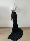 Black gorgeous V-neck shiny sexy elegant fringed mermaid slim floor-length tail long sequined ball gown evening dress party dress Prom Dress HZ1023
