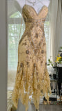 Light yellow brown gorgeous and elegant vintage exquisite beaded long chiffon lace ball dress evening dress birthday party dress prom dress HZ1023