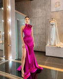 Pink Fashion Elegant Suspender Long Slit Satin Ball Gown Evening Dress Party Dress HZ1023