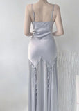 Silver Blue Vintage Fashion Elegant Exquisite Beading Mermaid Spaghetti Strap Satin Long Prom Gown Party Dress HZ1023