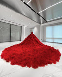Red gorgeous elegant tube top floral long floor length trailing tulle ball gown evening gown wedding dress HZ1023