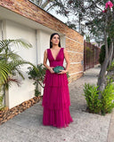 Purple Fashion Elegant V-neck Long Tulle Ball Gown Evening Dress Wedding Guest Party Dress HZ1023