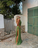 Green simple halter neck suspenders sparkling sequins long slit ball gown evening dress party dress HZ1023
