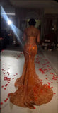 Orange Luxury Shiny Beaded V Neck Sexy Elegant Mermaid Slim Fit Long Floor Length Train Ball Gown Evening Gown Party Dress Prom Dress HZ1023