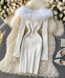 Black/white/gray autumn and winter fashion new sexy off-shoulder fashion fur collar slim hip knitted dress HZ1023
