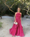 Pink Fashion Elegant Exquisite Lace Strap Long Tulle Ball Gown Evening Dress Wedding Guest Party Dress HZ1023