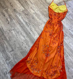 Orange Gorgeous Exquisite Beaded Spaghetti Strap Halter Neck Long Elegant Tulle Mermaid Slim Fit Ball Gown Evening Gown Party Dress HZ1023