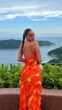Orange Fashion Elegant Spaghetti Strap Long Ruffle Chiffon Ball Gown Evening Dress Party Dress Wedding Guest Dress HZ1023