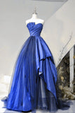 Blue off-the-shoulder A-line satin tulle long party dress prom gown evening gown HZ1023