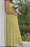 Yellow stylish elegant spaghetti straps long satin tiered ball gown formal evening dress party dress HZ1023