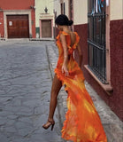 Orange Fashion Gradient Spaghetti Strap Long Ruffle Elegant Chiffon Ball Gown prom dress Evening Dress Holiday Party Dress HZ1023