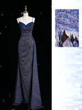 Blue Shiny Elegant Spaghetti Straps Exquisite Beading Sexy Slit Long Mermaid Slim Sequin Ball Gown Evening Dress HZ1023