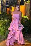 Pink Tube Top Fashion Elegant Layered Long Satin Ball Gown Evening Dress Party Dress HZ1023