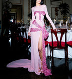 Pink Gorgeous Shiny Elegant Long Mermaid Slim Fashion Bow Slit Sexy Ball Gown Evening Dress Party Dress HZ1023
