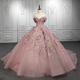 Pink gorgeous shiny exquisite embroidery applique tube top long tulle ball gown evening dress wedding dress HZ1023
