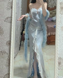 Champagne Elegant Spaghetti Strap Ruffles Long Satin Tulle Chiffon Goddess Mermaid Slim Fit Ball Gown Evening Dress Party Dress Prom Dress HZ1023