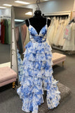 Blue Floral Print V Neck A-Line Spaghetti Straps Ruffles Tiered Slits Long Graduation Dress Evening Gown Prom Dress Wedding Guest Party Dress HZ1023
