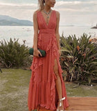 Orange fashion V-neck A-line tiered long elegant chiffon ruffle side slit ball gown evening dress wedding guest party dress HZ1023