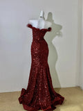 Burgundy gorgeous shiny Fashion Elegant Long Sequined Tulle Neckline Floor Length Train Sexy Ball Gown Evening Dress Prom Dress HZ1023