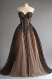 Brown Vintage Fashion Exquisite Applique Lace Sweetheart Neck A-Line Long Elegant Tulle Ball Gown Evening Gown Wedding Dress HZ1023
