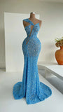 Blue gorgeous sexy sequins elegant long slit mermaid slim floor-length ball gown evening dress party dress HZ1023