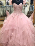 Pink gorgeous sweet heart-shaped neckline exquisite floral lace long tulle princess ball gown evening dress sweet 16-year-old adult ceremony dress HZ1023